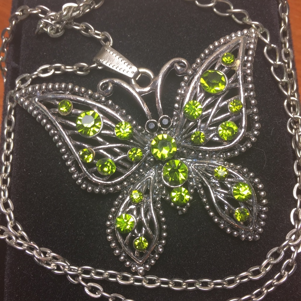 Silver and green butterfly necklace